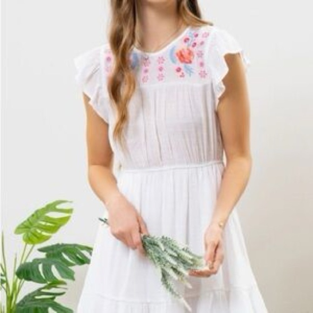NWOT White Mini Dress Floral Embroidery Lightweight Semi-Sheer Tiered